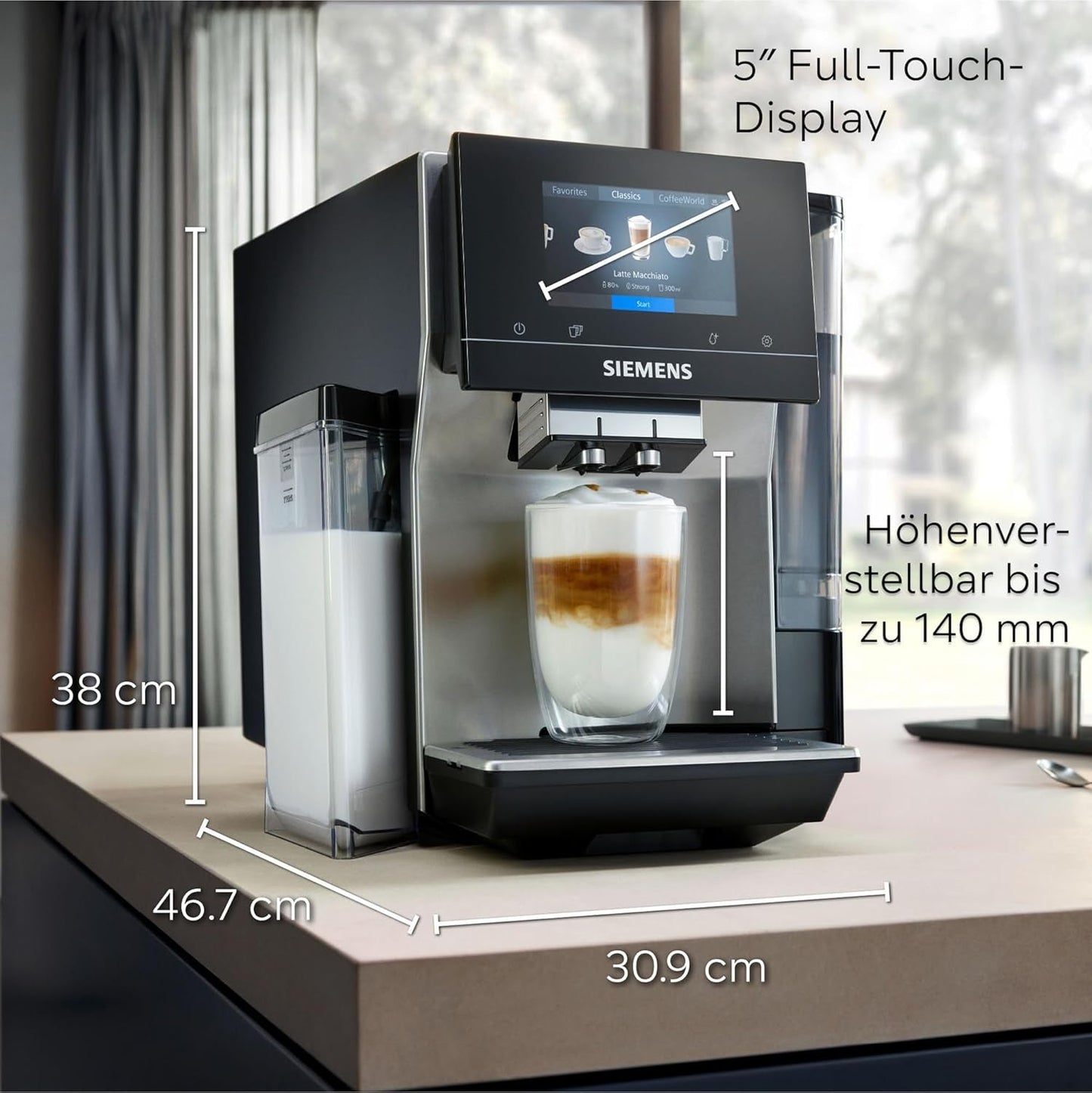Cafetera espresso totalmente automática Siemens EQ700, pantalla TFT a color grande, 36 bebidas frías y calientes, cerveza fría, función 2 tazas, control por aplicación, sistema de limpieza automático, acero inoxidable negro, TQ717D03