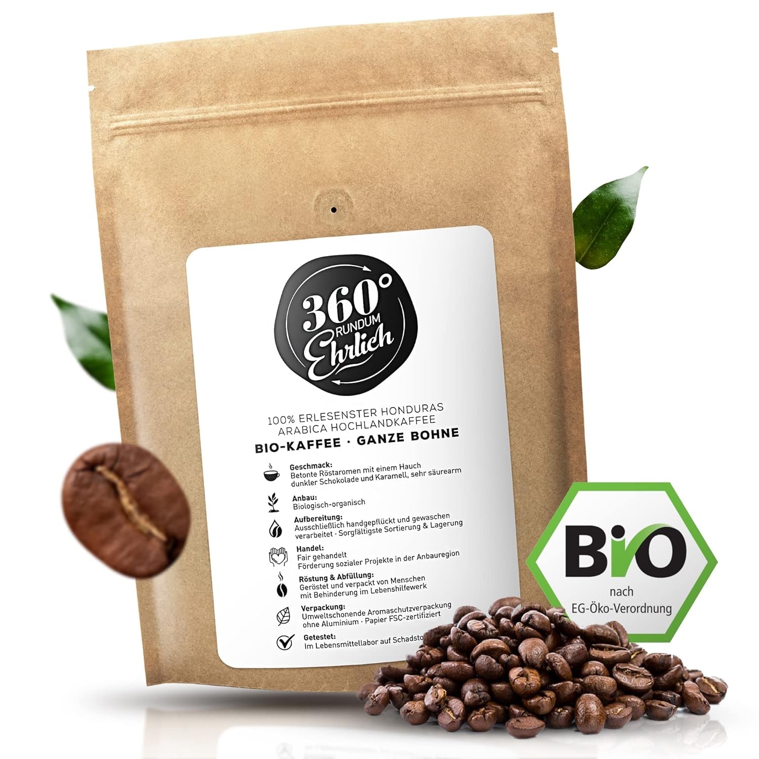 Premium Bio Kaffeebohnen 1000g, 100% Honduras Hochland Arábica Kaffeebohnen Bio - Köstlich, suave, säurearm - Bio Kaffee ganze Bohnen - Ideal como Kaffeebohnen Vollaautomat - 360° Rundum Ehrlich