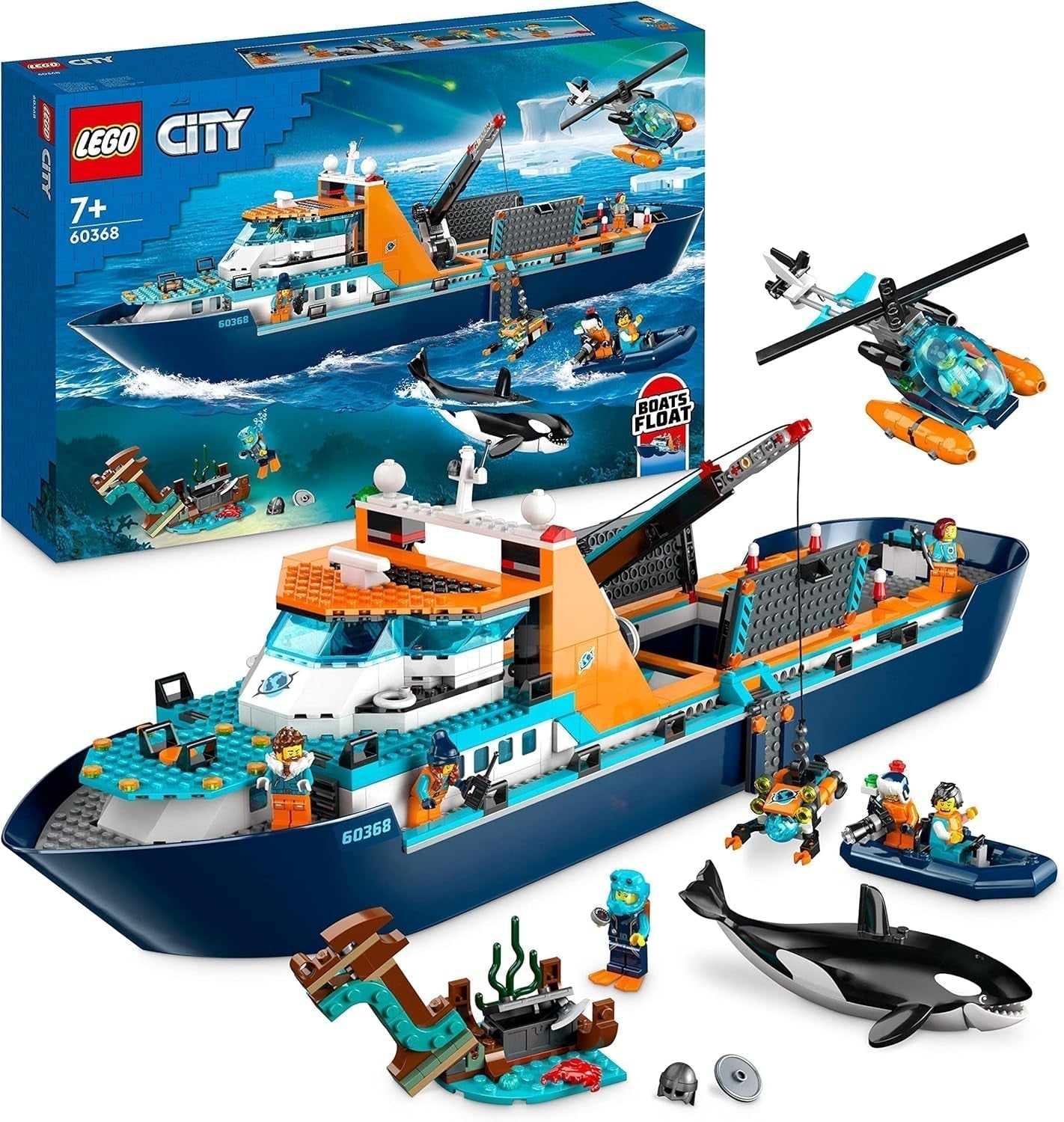 LEGO City Barco de Investigación Ártico, Gran Barco Flotante de Juguete con Helicóptero, Bote Inflable, Submarino Rov, Pecio Vikingo, 7 Minifiguras y Figura de Orca, Regalo para Niños Mayores de 7 años 60368 Juegos de Construcción Besuche den LEGO-Store Single