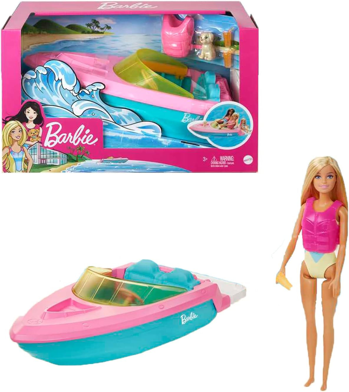 Set Barbie Lancha Rápida, Muñeca Barbie con Pelo Rubio, Chaleco Salvavidas Rosa, Barco, Cachorro, Accesorios, Regalos para 3+, Grg30 Naty Shop Muñecas Set Barbie Lancha Rápida