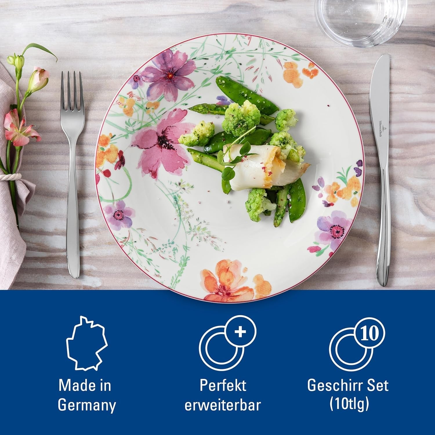 Villeroy & Boch Mariefleur Starter Set, Colores Surtidos, Apto para Lavavajillas, Microondas, Vajilla para 2, Vajilla Floral, Vajilla, Vajilla Combinada, Porcelana Premium