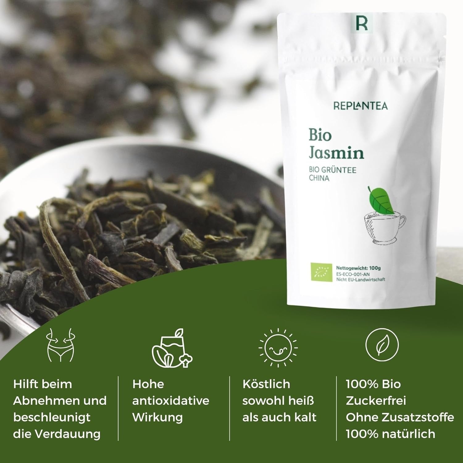 Té verde orgánico con jazmín 100 g (50 tazas) | Té de jazmín de China a granel, calidad ecológica REPLANTEA