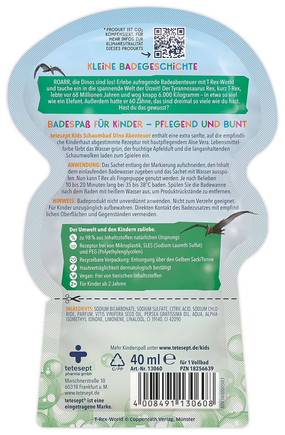 Tetesept Kids Dino - Aditivo de baño para niños, espuma, colorea el agua verde, 40 ml Naty Shop
