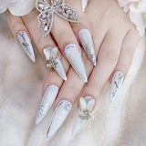 Mouyouglow-uñas largas Stiletto, color blanco lechoso, degradado, purpurina rosa, uñas postizas frescas con pegamento, uñas artificiales con purpurina rosa ombré
