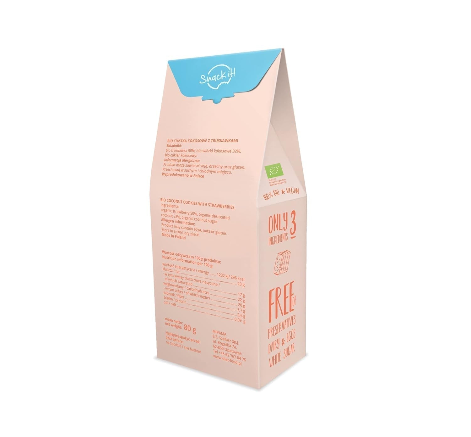 DIET-FOOD Galletas Ecológicas con Chips de Coco y Fresas Snack saludable Deliciosas galletas para la oficina, sin conservantes 80 g (1 paquete)