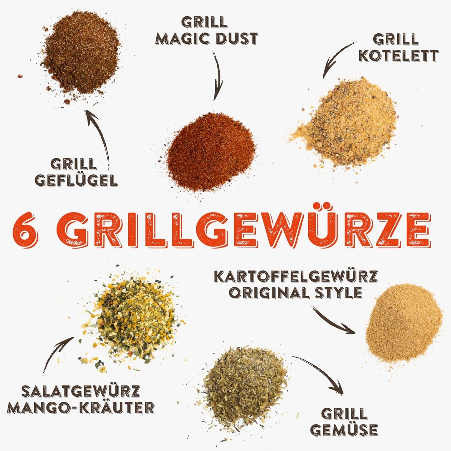 KOTÁNYI Set de regalo Grill Spices - 6er Carrier - Regalos para hombres - Grill Zubehör & Spice Set para jedes BBQ - Grill Zubehör inkl. Polvo Mágico - [¡Jetzt Geburtstagschenken für Männer bestellen!]