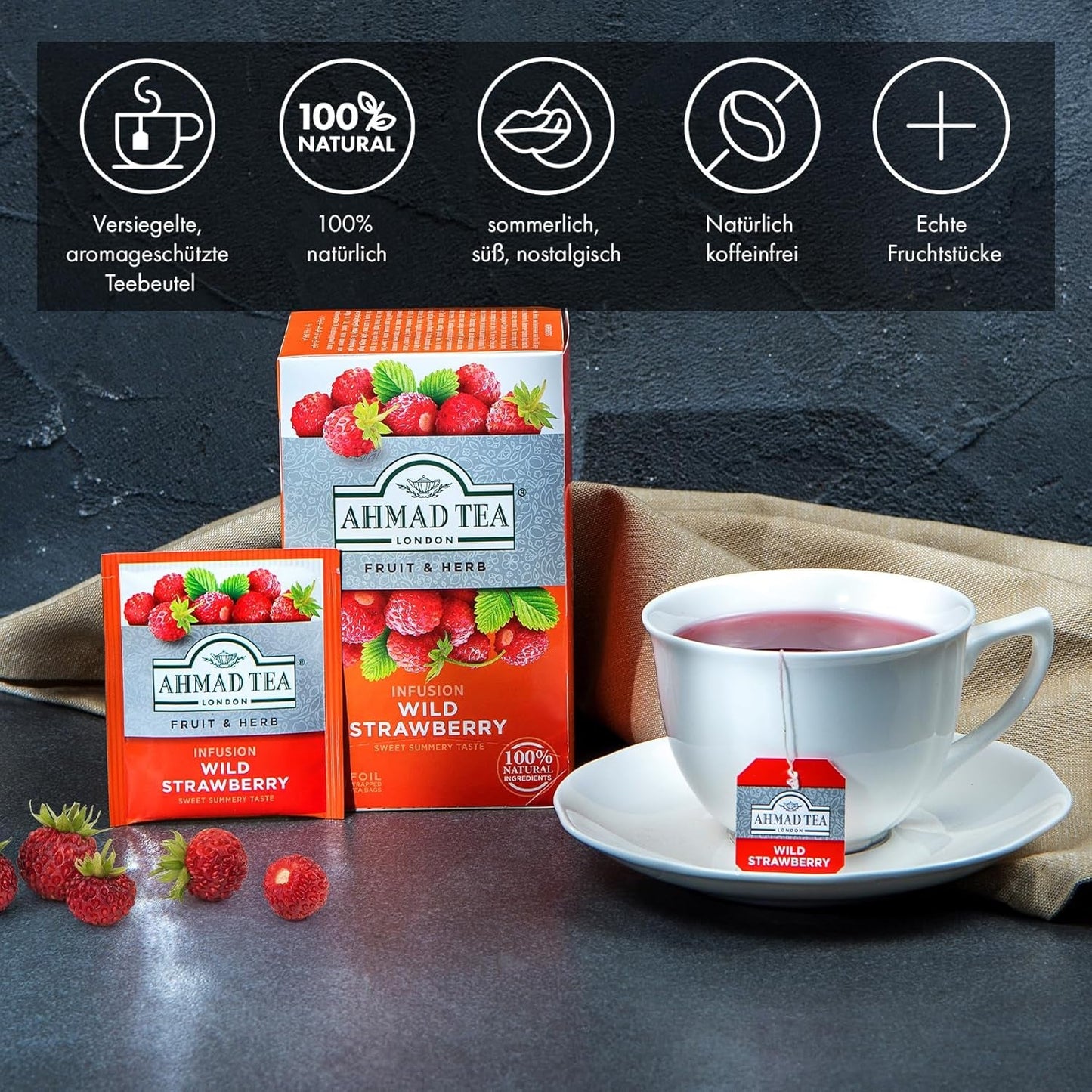 Ahmad Tea - Fresa silvestre - Té de frutas y hierbas descafeinado - Fresa - Sabor a bolsitas de té envueltas individualmente selladas con 2 g de té por porción - 20 bolsitas de té con bandas