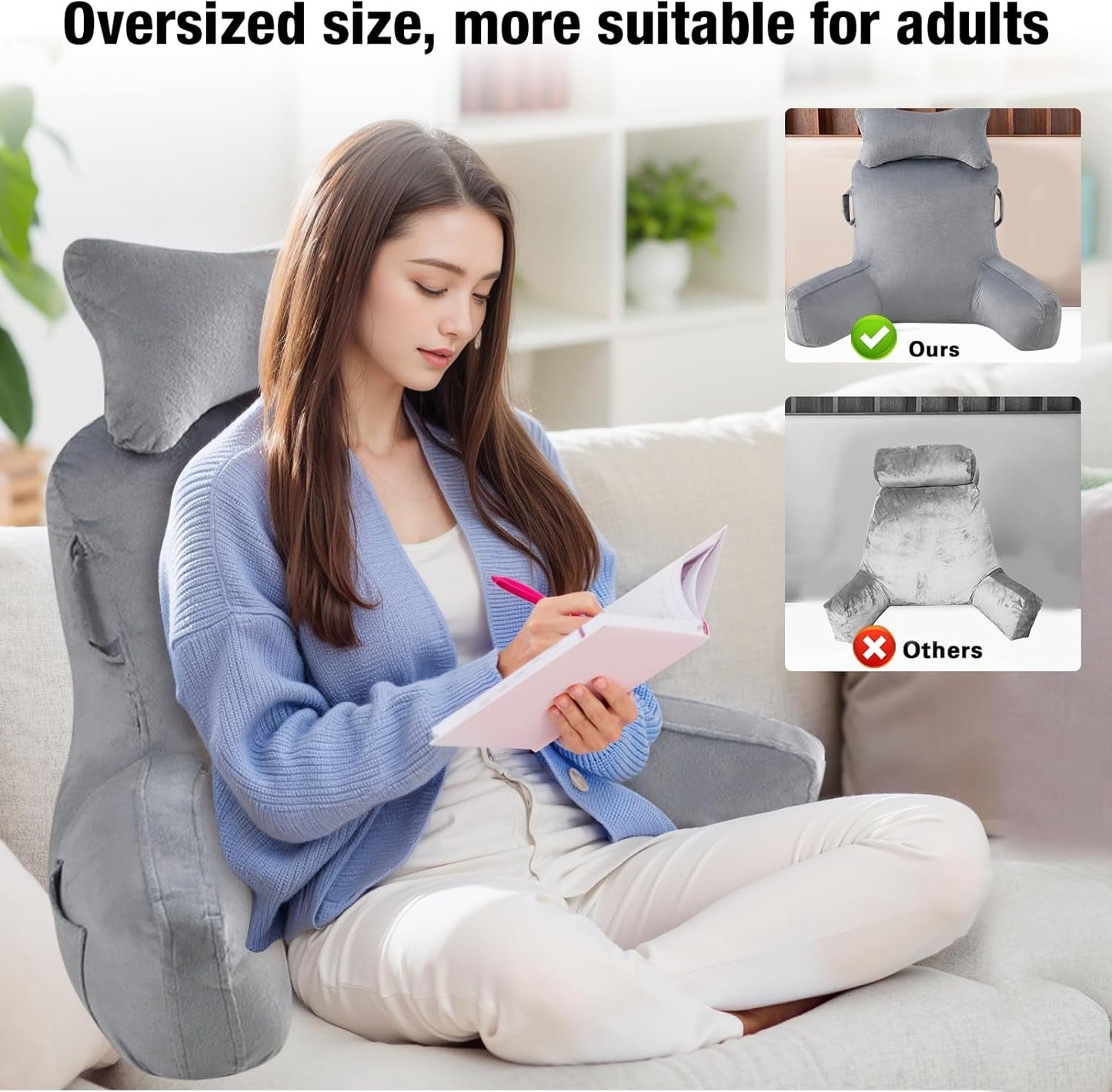 Almohada de lectura para adultos en la cama, respaldo extra grande de 90 x 80 cm (ancho x alto) para leer con soporte para el cuello desmontable y brazo de apoyo, cómoda almohada de lectura para cama, sofá o respaldo en el suelo
