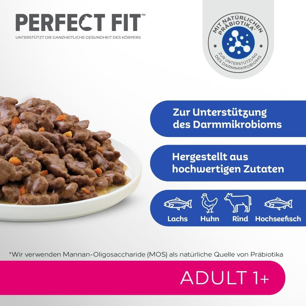 Perfect Fit Adult 1+ selección de comida húmeda con salmón, pescado de aguas profundas, ternera y pollo, 48 sobres, 12x85g (paquete de 4) - Comida húmeda premium para gatos adultos a partir de 1 año