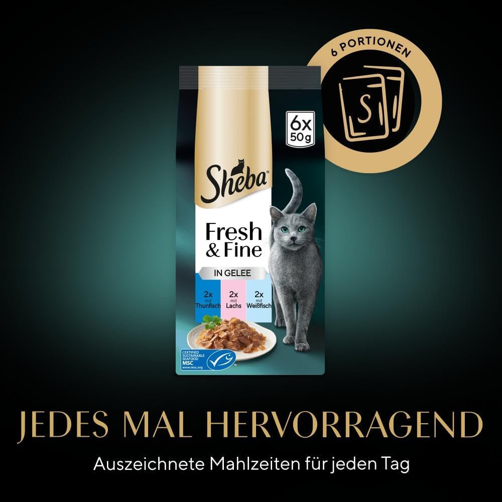 Sheba Portion Bolsas Comida húmeda para gatos, Multipack Fresh & Fine en gelatina con atún MSC y salmón, 6x6x50g - Comidas saludables para gatos con gelatina