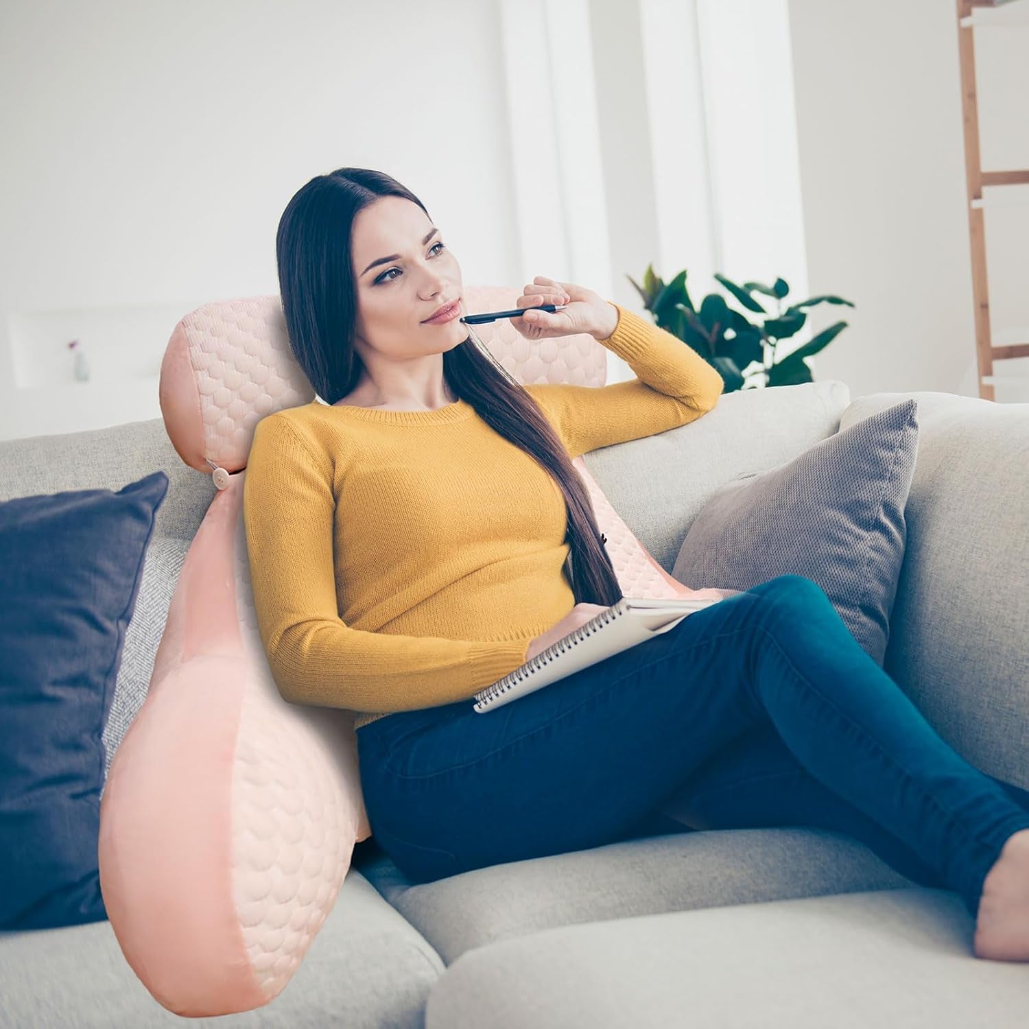 Almohada de lectura, almohada de cama, almohada de espalda extra grande para adultos de 70 x 50 cm para leer con rollo de cuello desmontable y brazo de apoyo, cómoda almohada de lectura para cama y sofá (rosa, extra grande)
