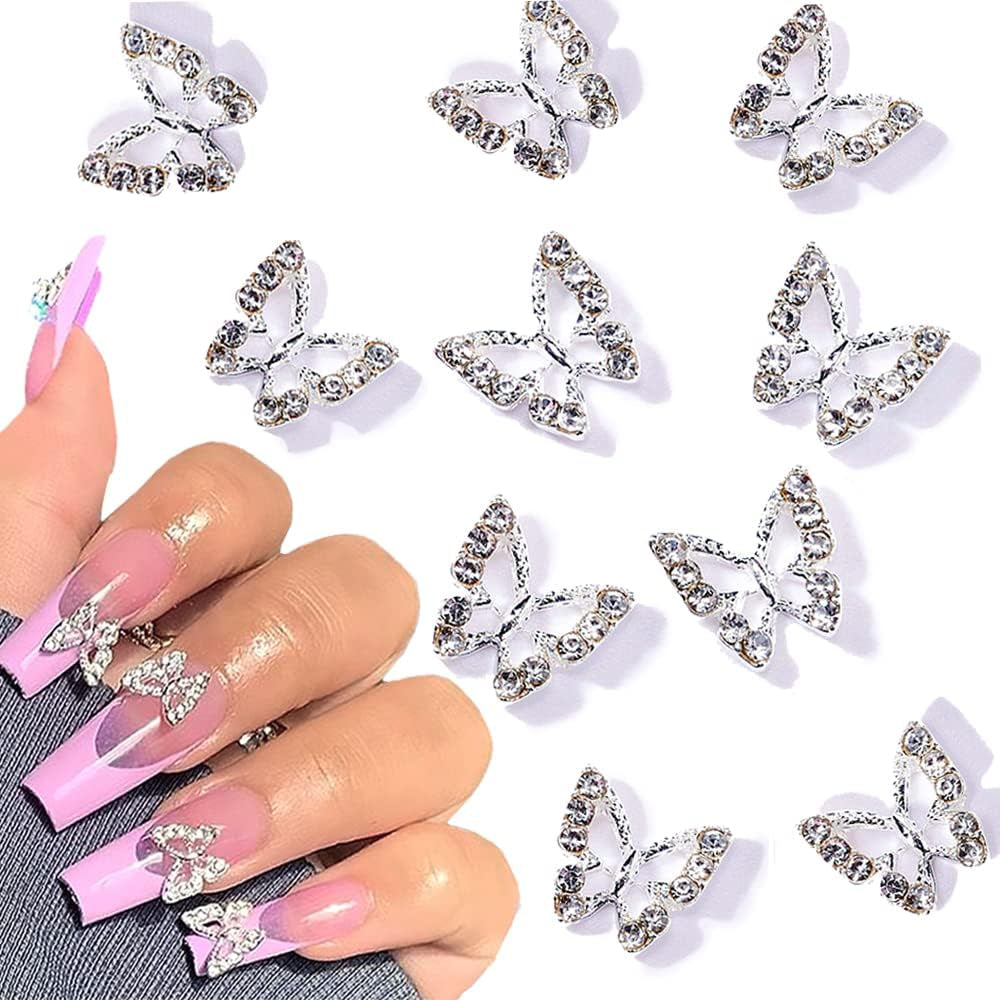 10 piezas de dijes de uñas de mariposa de aleación, piedras colgantes de Metal para decoración de uñas, piedras para diamantes, gemas, joyería de uñas, decoraciones artísticas, fabricación de joyas