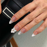 24 Uds. Prensa de almendra blanca sobre uñas francesas con lazos perlas uñas postizas pegamento en puntas de uñas postizas uñas con brillo