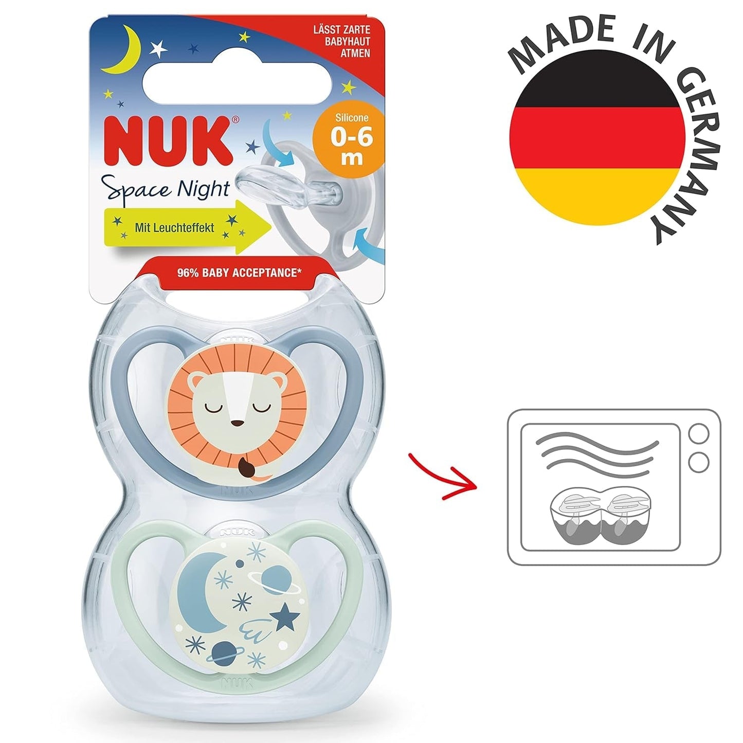 NUK Chupetes Space Night, 0-6 Meses, Ventilaciones Extra Grandes, Brillan en la Oscuridad, Silicona Sin BPA, Zorro y Mariquita, Paquete de 2