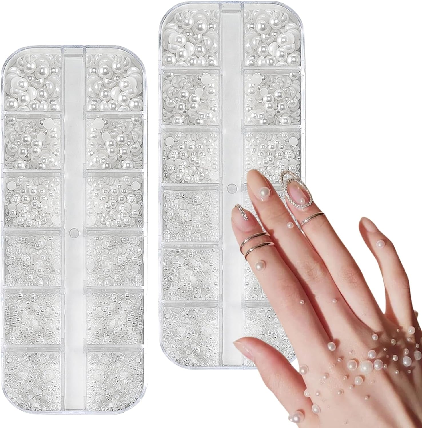 12 Größen Nail Art Perlen, Flache Perlen, Nail Art Accessoires, Halbkreis Nagelperlen, Weiße Nail Charms Und Glitzersteine ​​​​Nägel Für Nail Art Design, DIY Basteln, Alltag, Hochzeit (2 cajas)