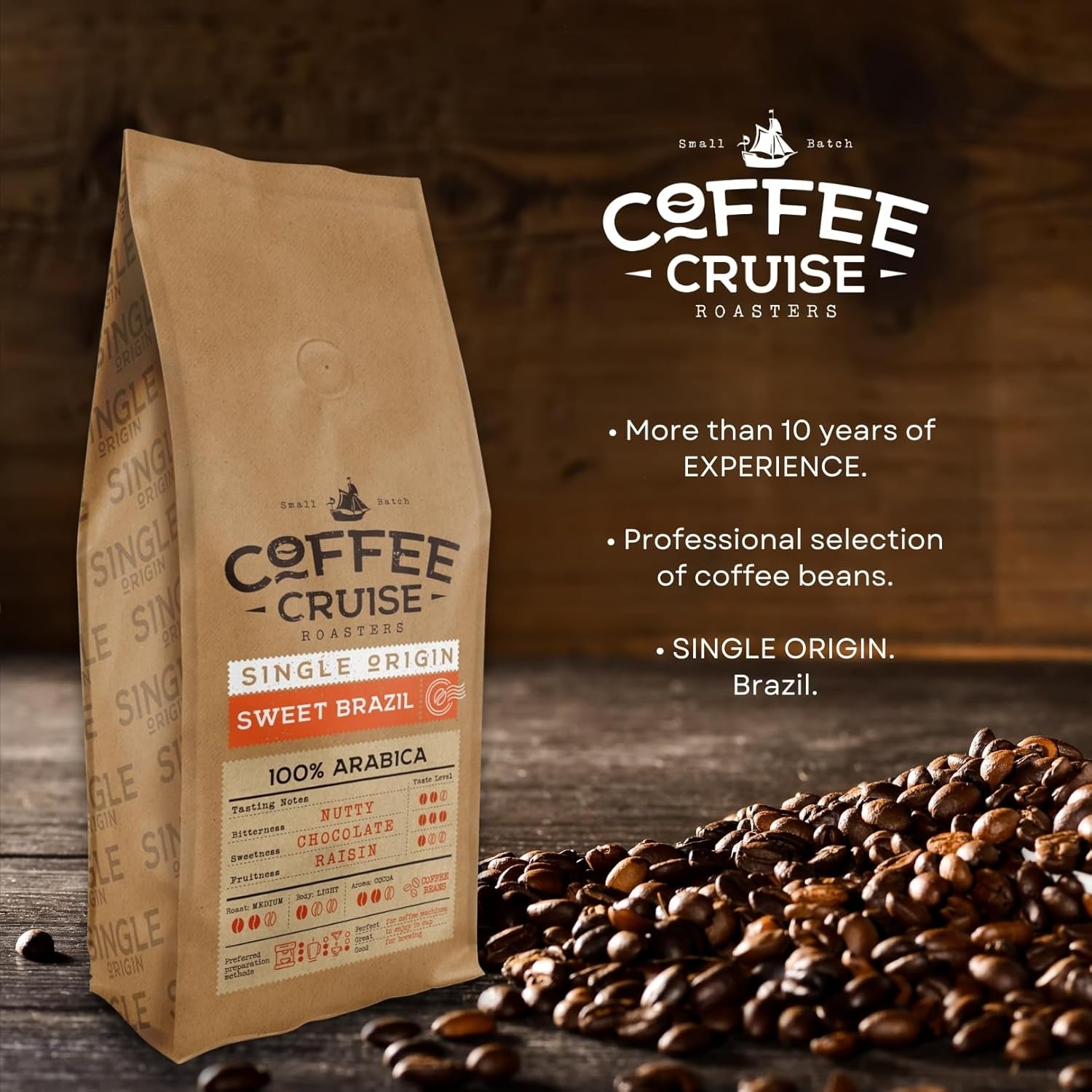 COFFEE CRUISE Sweet Brazil Brasilianische Kaffeebohnen 1kg - Mittlere Röstung - Aroma Kakao und Schokolade - Für All Kaffeemaschinen - 100% árabe