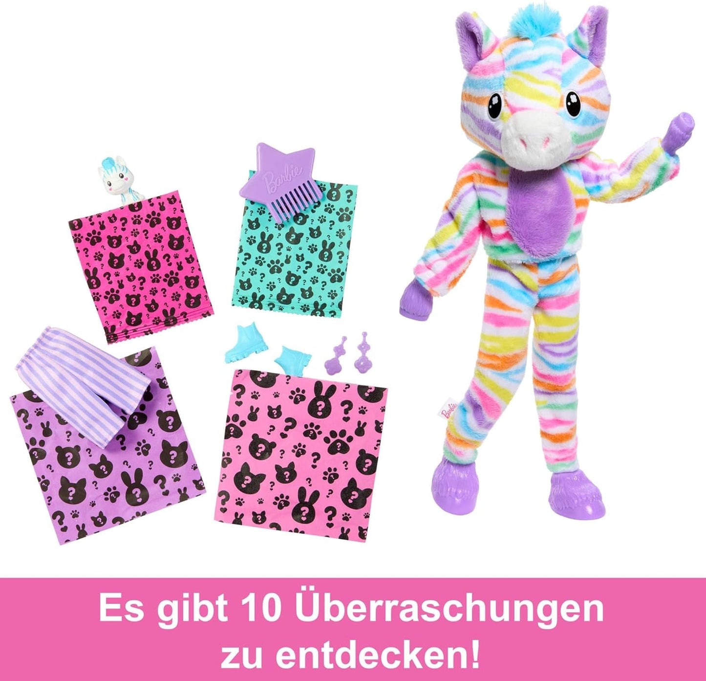 Muñeca Barbie Cutie Reveal y accesorios, conjunto de felpa Rainbow Zebra y 10 sorpresas que cambian de color, gama Color Dream, HRK39