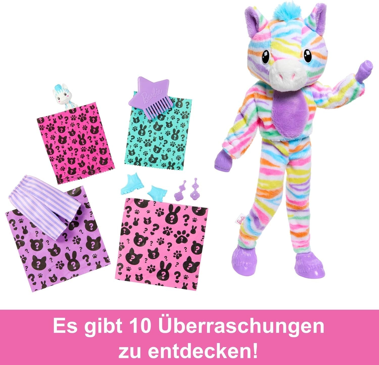 Muñeca Barbie Cutie Reveal y accesorios, conjunto de felpa Rainbow Zebra y 10 sorpresas que cambian de color, gama Color Dream, HRK39