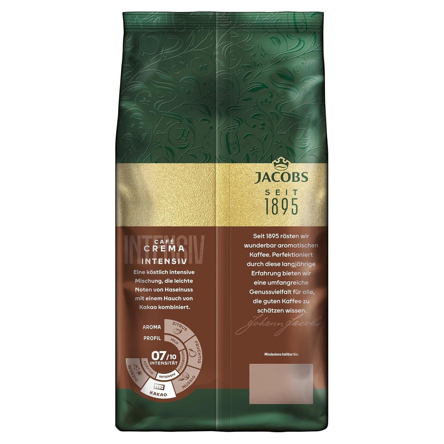 Jacobs Kaffeebohnen Café Crema Intense, intensivo con Kakao- & Nussnote, geröstet en Bremen, Intensität 7/10, Kaffee ganze Bohnen, 1 kg