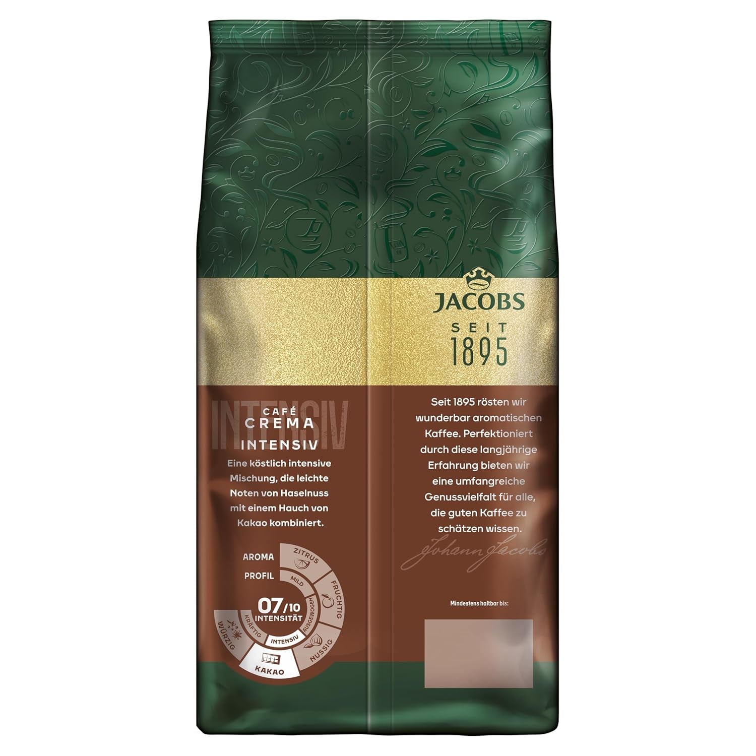 Jacobs Kaffeebohnen Café Crema Intense, intensivo con Kakao- & Nussnote, geröstet en Bremen, Intensität 7/10, Kaffee ganze Bohnen, 1 kg