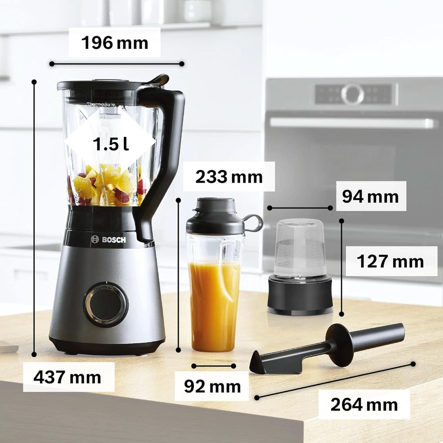 Batidora de mano Bosch Vitapower Serie 4 MMB6177S, Edelstahl-Klingen Made in Germany, Vaso de cristal termoseguro de 1,5 L, Botella para llevar de 0,6 L, Tapón, Kleinerkleinerer universal, 30.000 U/Min, 1200 W, Plata Cocina Naty Shop