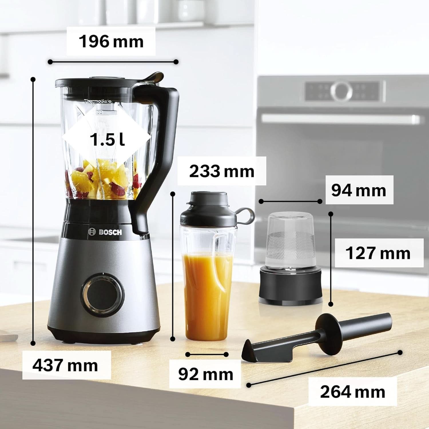 Batidora de mano Bosch Vitapower Serie 4 MMB6177S, Edelstahl-Klingen Made in Germany, Vaso de cristal termoseguro de 1,5 L, Botella para llevar de 0,6 L, Tapón, Kleinerkleinerer universal, 30.000 U/Min, 1200 W, Plata Cocina Naty Shop