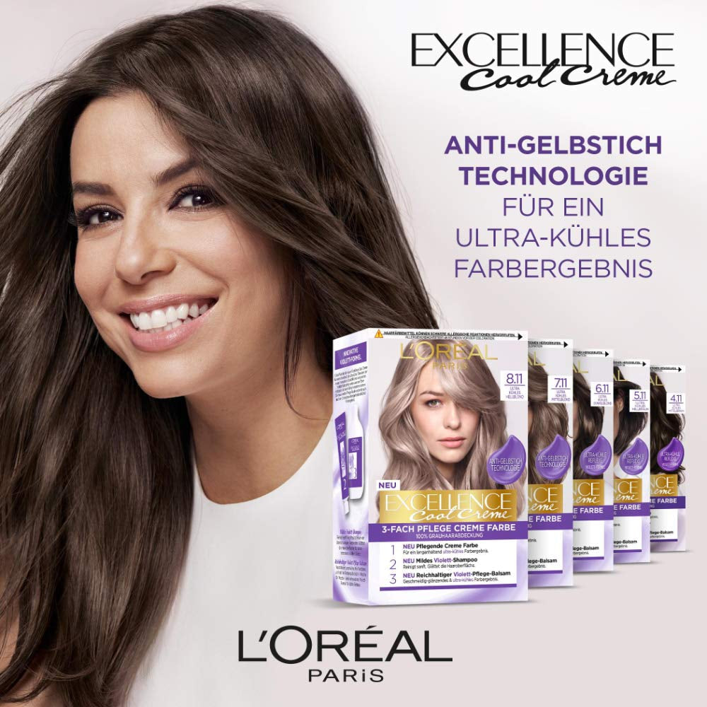 L'Oréal Paris Tinte permanente para el cabello con resultado de color ultrafrío, cobertura 100% de las canas, set con colorante, champú y crema de cuidado, Excellence Cool Creme, N° 7.11 Rubio medio ultrafrío (Blond) Tinte para el cabello Naty Shop