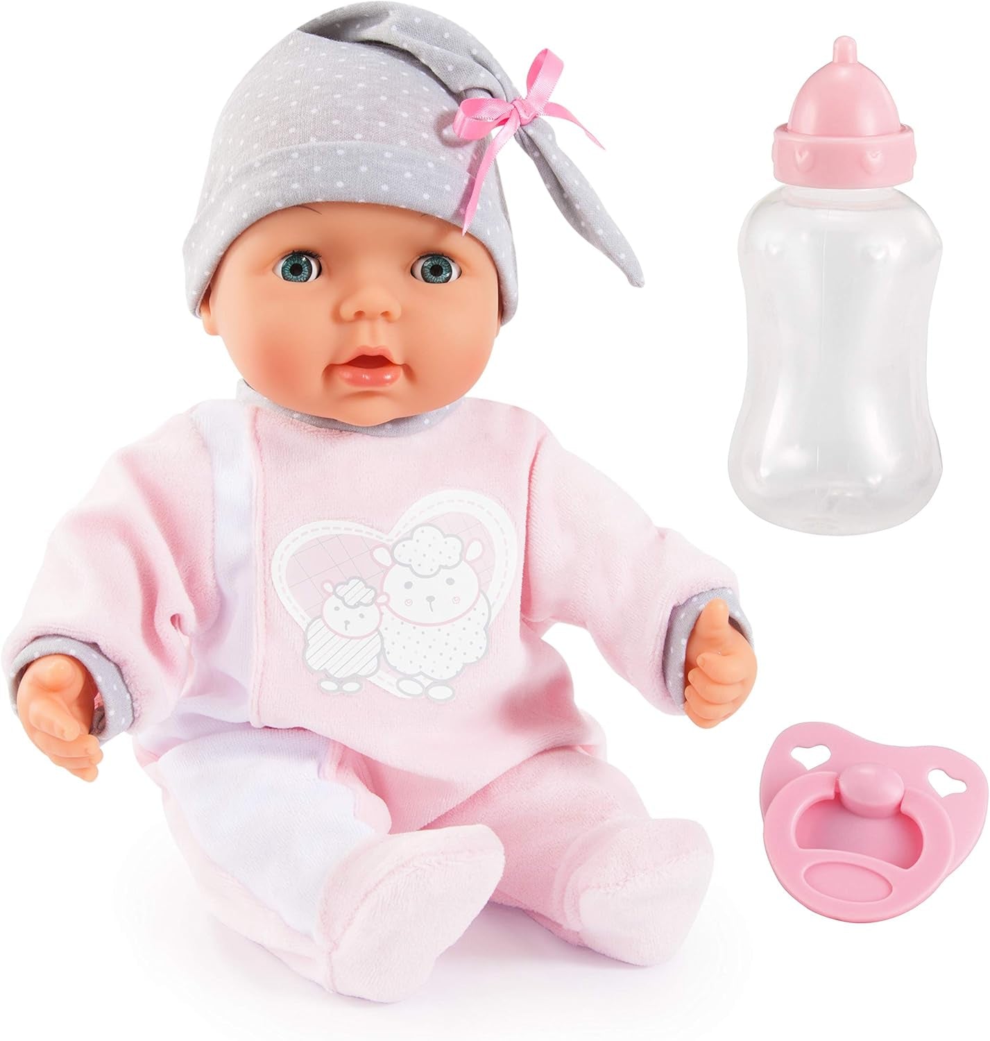 Bayer Design 93829AA My Piccolina muñeca interactiva con función, Muñeca que habla, Mueve la boca, 38 cm, Chupete, Biberón, Rosa, Gris