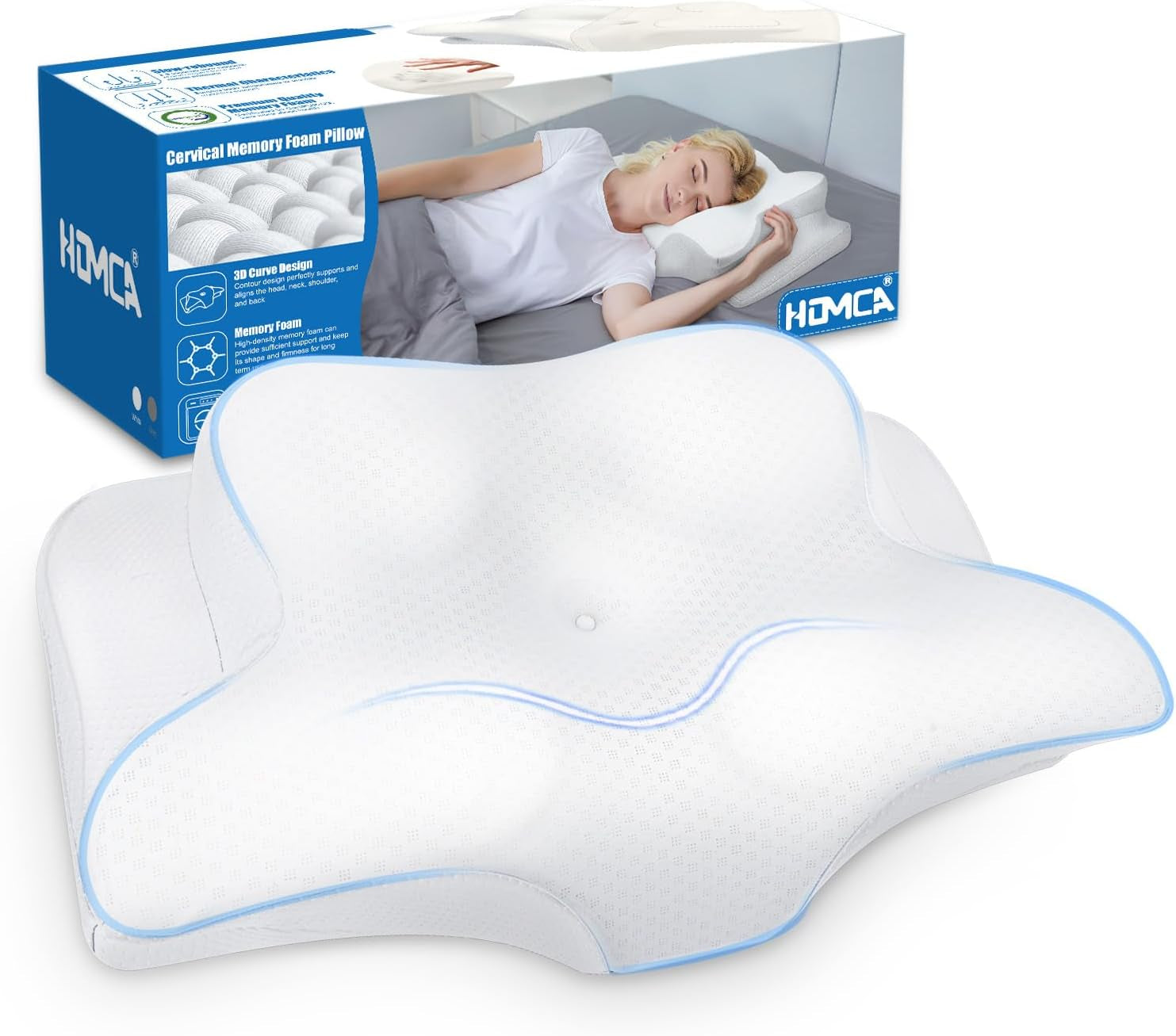 HOMCA Almohada para el cuello, almohada ergonómica de espuma viscoelástica, funda de almohada de enfriamiento 3D para posición supina, lateral o prona, 62 x 41 x 9,5/12,5 cm Almohadas ortopédicas cervicales Naty Shop Blanco