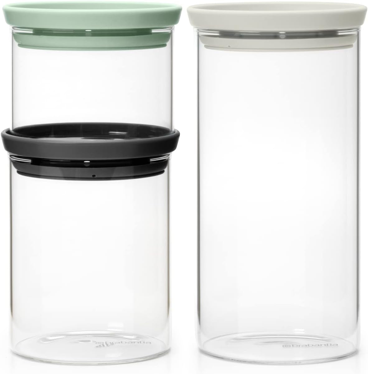 Brabantia - Recipiente de vidrio apilable con tapa - Juego de 3 - Almacenamiento de alimentos - Mantiene los alimentos frescos por más tiempo - Sello de silicona - Apto para lavavajillas - Gris oscuro/Gris claro/Verde jade - Cajas de almacenamiento de alimentos de 0,3 L/0,6 L/1,1 L Naty Shop Default Title