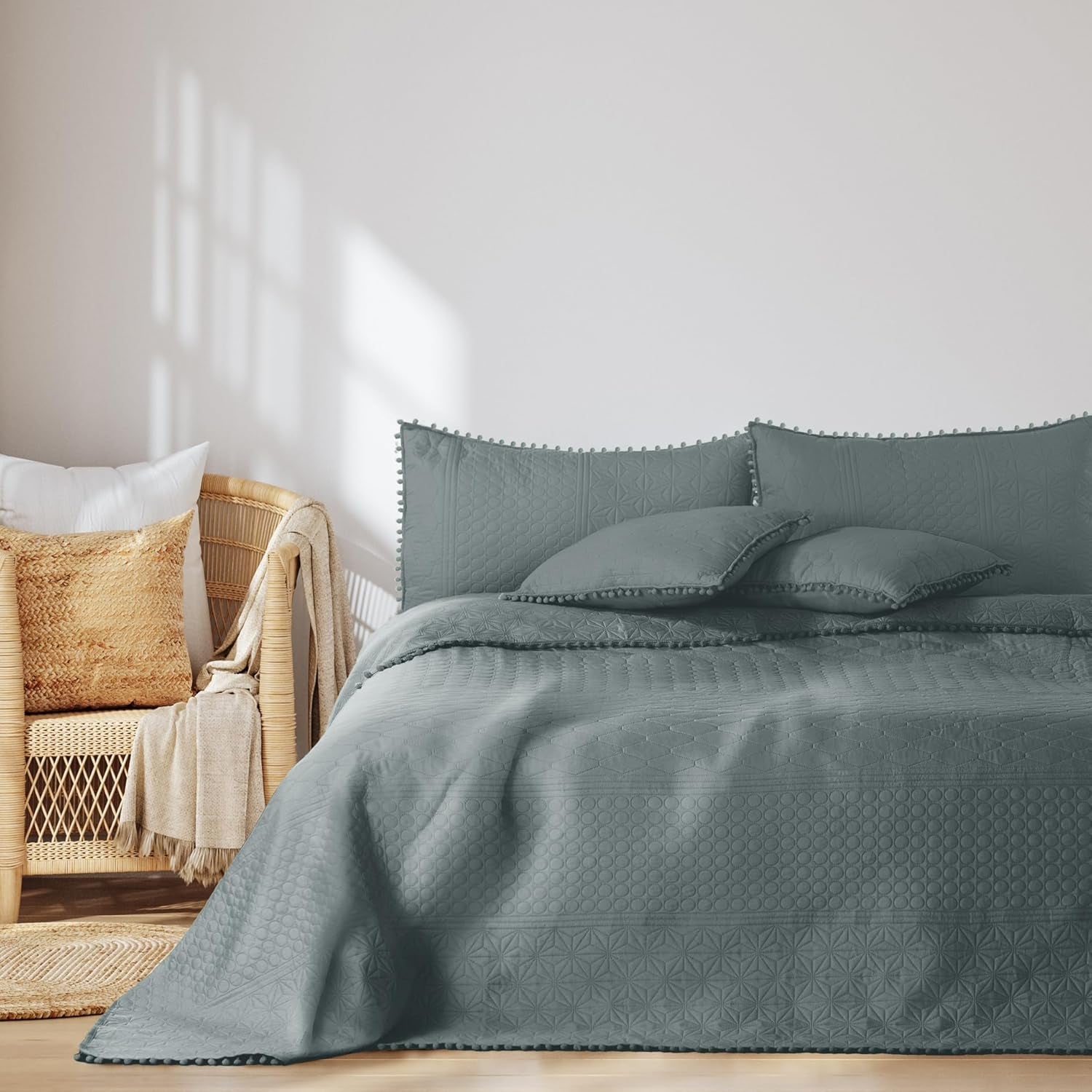 Ameliahome Colcha con pompones 220X240 Cm Colcha de doble cara Acolchado ultrasónico Poliéster Meadore Gris Camas y mantas Besuche den AmeliaHome-Store Meadore gris 220X240 Cm