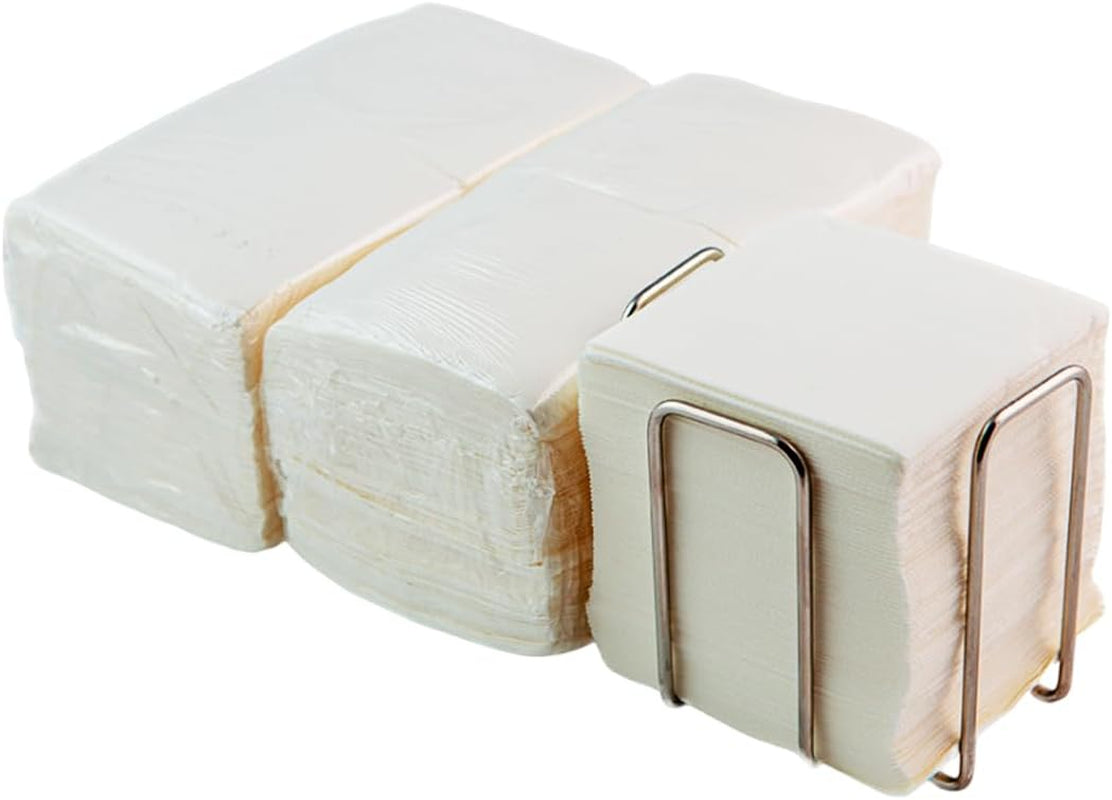 Paquete de 300 servilletas de papel de cóctel blancas + servilletero de acero inoxidable con textura de micropuntos, absorbente grueso, 10 x 10 cm, plegados juntos