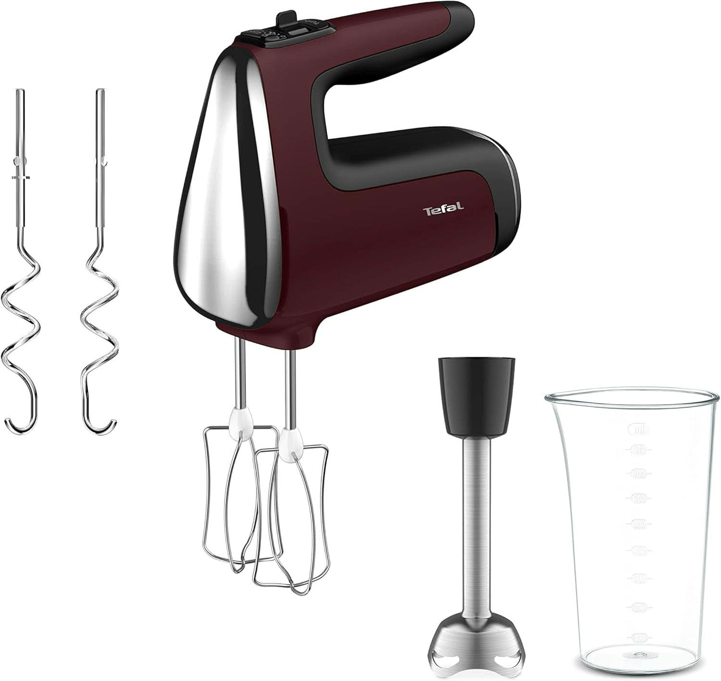 Batidora de mano Tefal HT650E Power Mix Silence | 600 vatios | Controlador de velocidad variable | Función Turbo y Auswurf | Motor de Ocio Extremo | incluido 2 Rührbesen y 2 Knethaken | Grau Bucatarie Naty Shop Bundle Mit 2 Schneebesen Und Knethaken