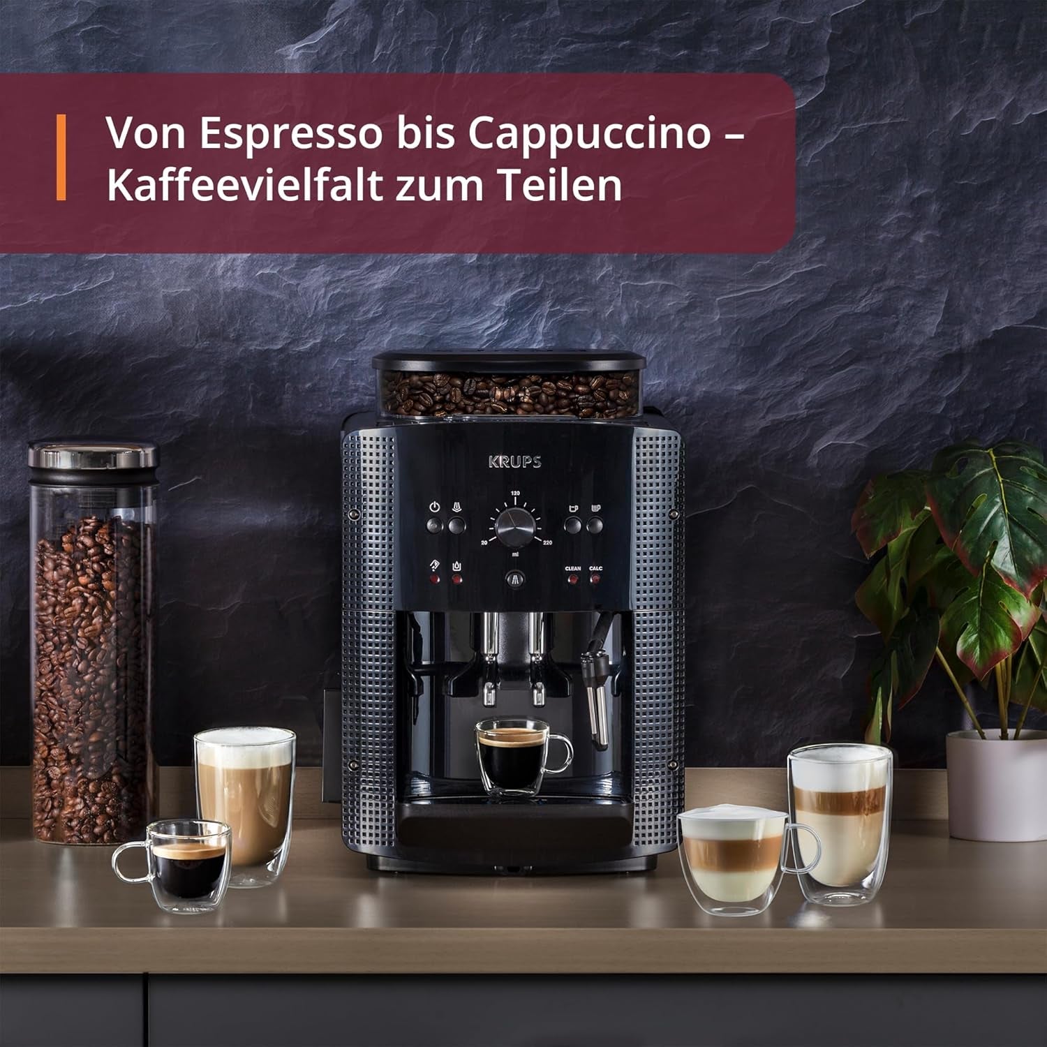 KRUPS Cafetera espresso automática Arabica Picto, diseño compacto, fácil de usar, control giratorio ajustable intuitivo, espumador de leche, función 2 tazas, cafetera espresso, negra, EA810870