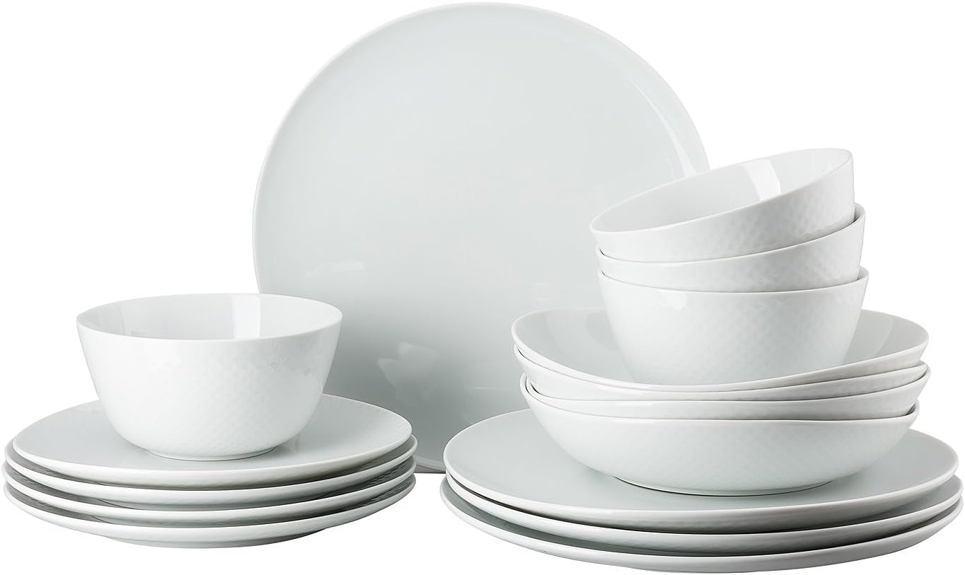 Rosenthal Junto White vajilla de porcelana, blanco, platos llanos, platos llanos Ø 22 cm, platos llanos Ø 21,5 cm y cuencos de cereales Ø 14 cm, 0,62 l, aptos para lavavajillas y microondas, juego para 4
