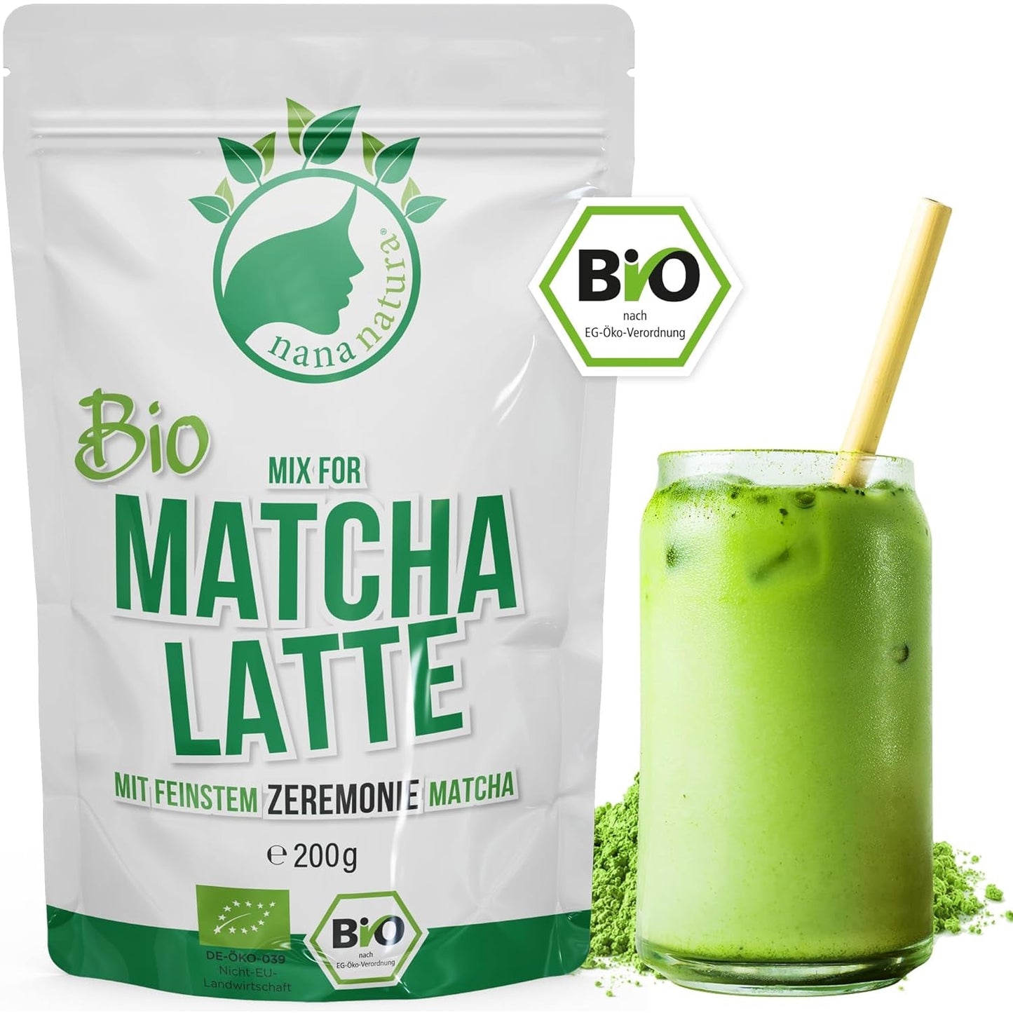 Mezcla de Latte Bio Matcha de Nananatura con 22% de té verde en polvo de grado ceremonial de Japón | Para disfrutar del té de forma sencilla y deliciosa | También apto para helados y pasteles.