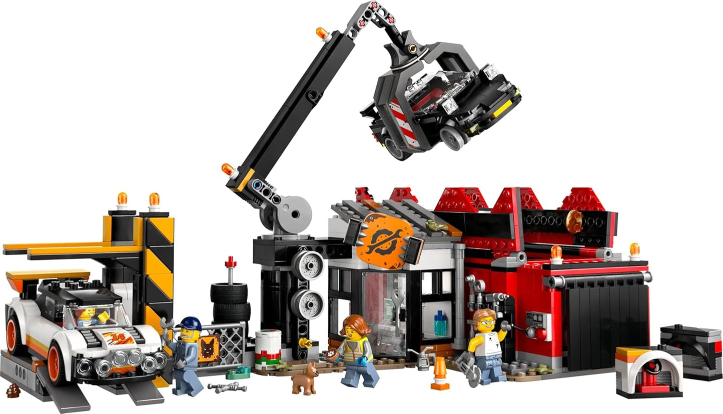 Depósito de chatarra con coches LEGO City - juguete con prensa de chatarra y grúa, 2 coches de juguete, 4 minifiguras funcionales y edificio de oficinas - regalos de cumpleaños para niños y niñas a partir de 8 años 60472 Besuche den LEGO-Store sets de construcción