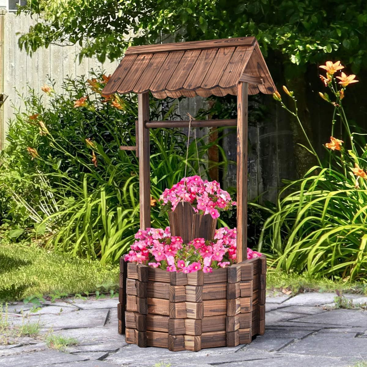 Fuente de madera 56x56x114cm con techo, Pozo de los deseos, Decoración de jardín, Macetas, Fuente decorativa, Macetas, Marrón