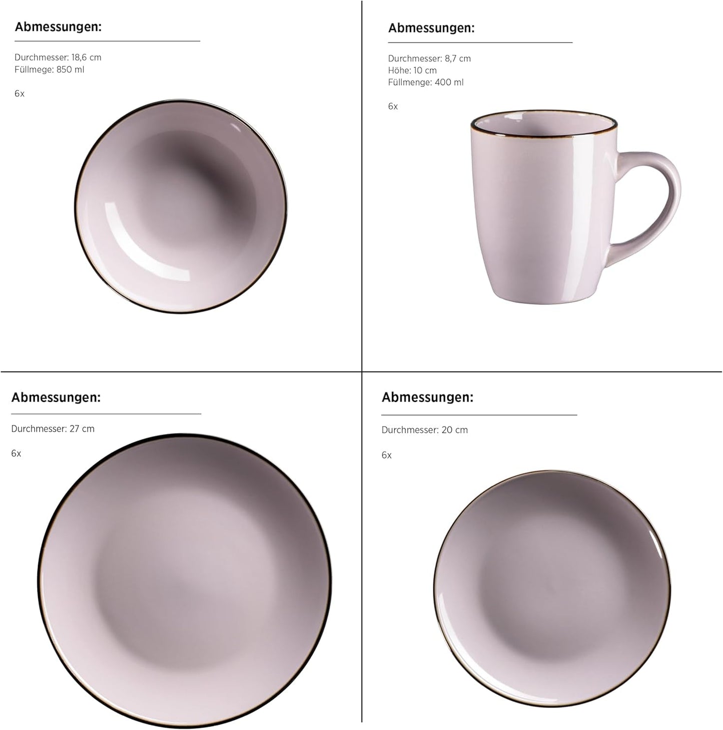 Vajilla moderna para 6 personas con borde de latón, servicio combinado en forma de taza sin borde de 24 piezas, lavanda