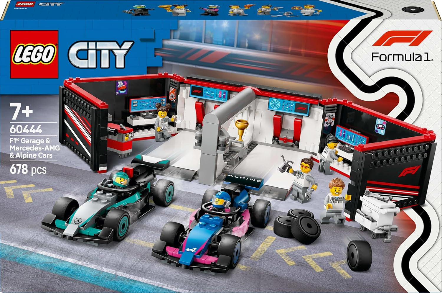 LEGO City Garaje de F1 con Mercedes-Amg y coches de carreras Alpine - Coche de carreras de Fórmula 1 con 2 conductores y 4 minifiguras mecánicas - Regalo para niños y niñas mayores de 7 años y aficionados 60444 Besuche den LEGO-Store Building Sets