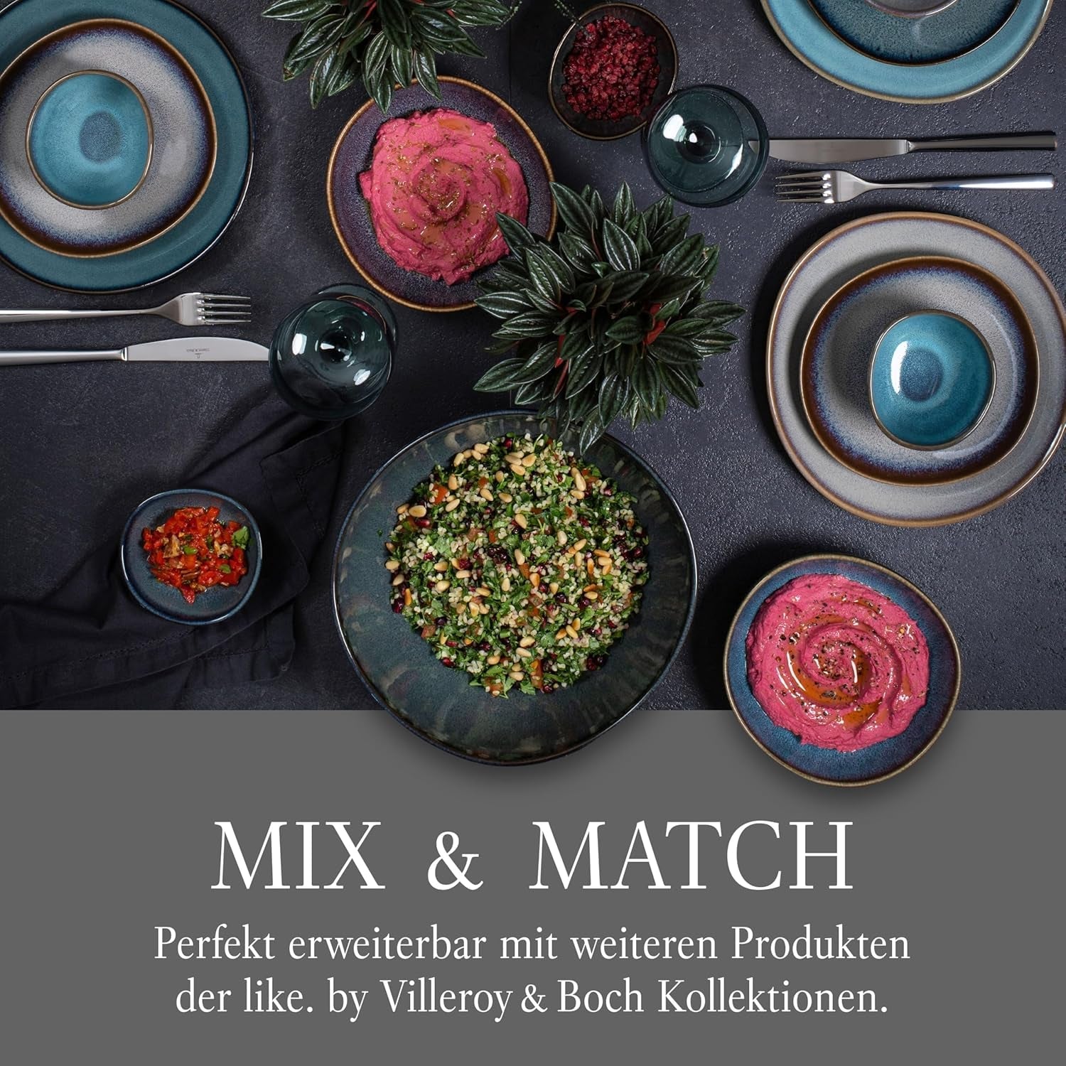 como. de Villeroy & Boch - Vajilla Lave Gris de gres, 4 piezas, aspecto cerámica, servicio de mesa para 2 personas, gris