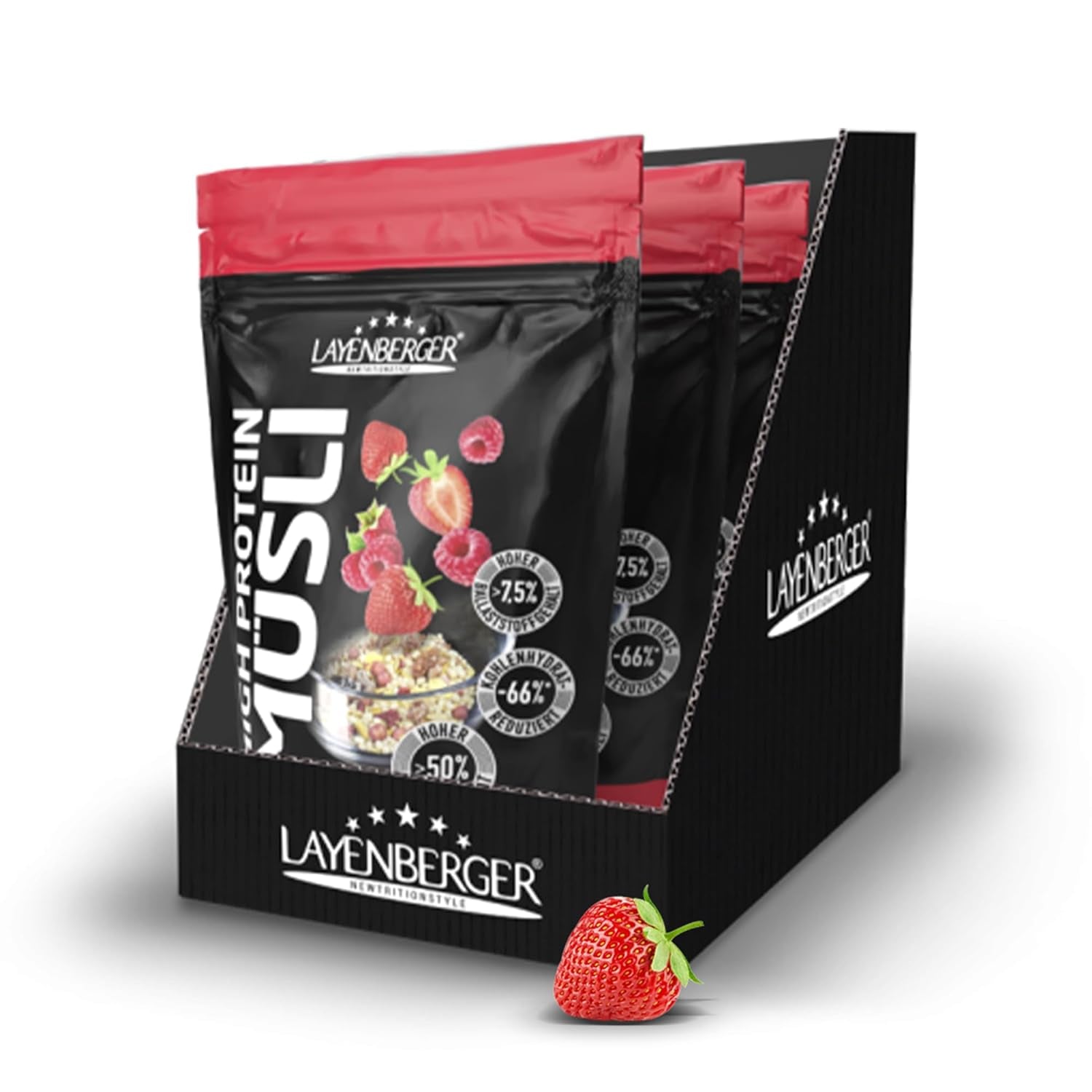 Layenberger 3K Müsli alto en proteínas, 50% Eiweiß y 18% Kohlenhidrato - Paquete individual (1X 390 G) - Schoko-Nuss Cereale Naty Shop 1,08 Kg (1 paquete) Rote Beeren Mix