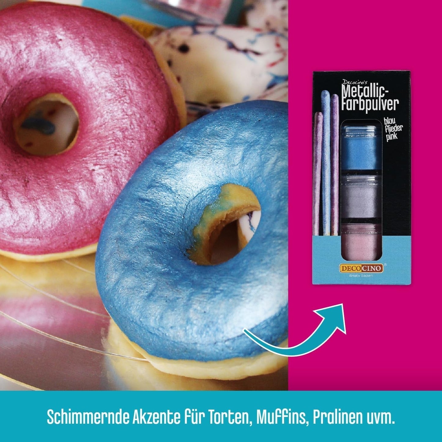 DECOCINO Polvo Colorante Pastel Metálico (3X2G) – Azul, Lila y Rosa – Colorante Alimentario en Polvo – Polvo con Purpurina Adecuado para Fondant como Decoración de Pasteles y Decoración de Pasteles!