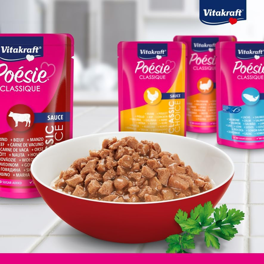 Vitakraft Poésie Classique, comida húmeda para gatos, comida para gatos en salsa, con pollo, con pavo, con ternera, con salmón, sin azúcares añadidos y cereales (1 paquete de 12 x 85g)