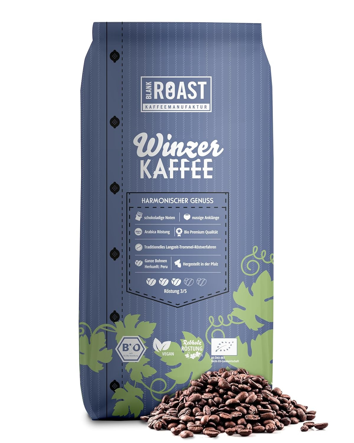 Blank Roast - BIO Winzer Kaffee 1000g - schonend mit Pfälzer Rebholz geröstet - ganze Kaffee-Bohnen aus Peru - 100% Arábica Röstung - schokoladig & nutsig - säurearm