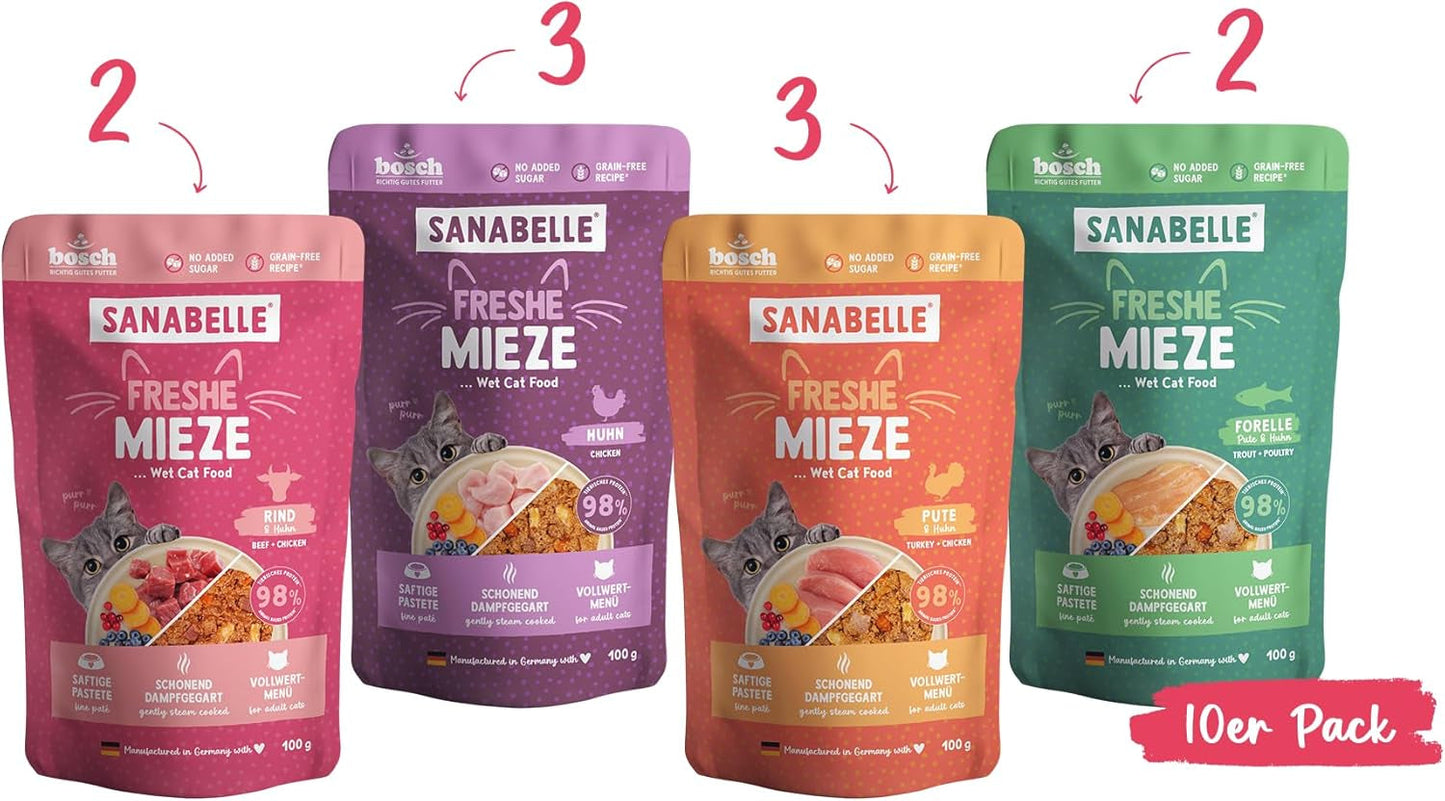 Sanabelle Freshe Mieze - Bandeja mixta | Paquete mixto de 10 x 100 g | 4 deliciosas variedades de comida para gatos para probar | Comida húmeda para gatos al vapor, como recién hecha