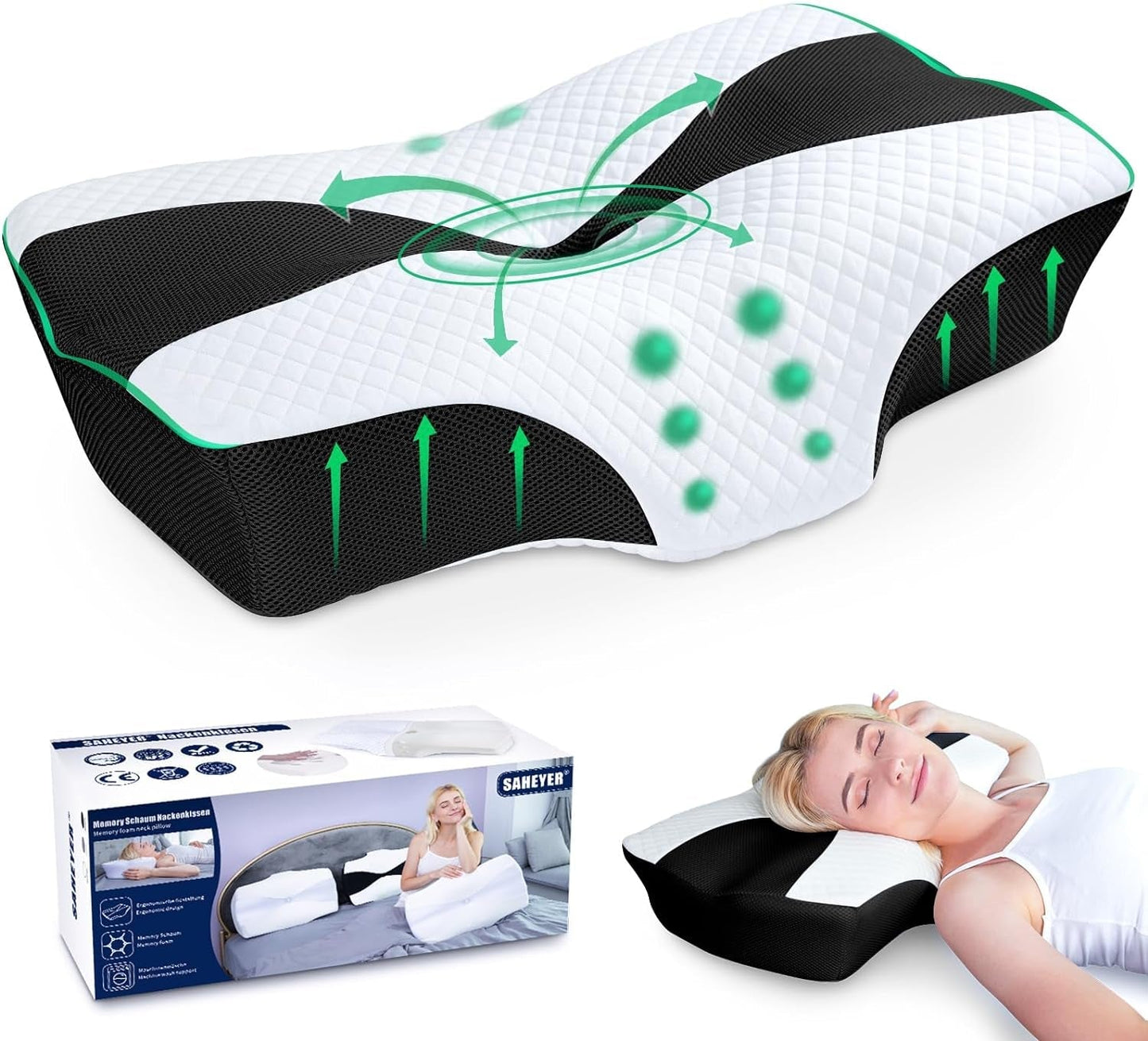 SAHEYER almohada ortopédica almohada para el cuello almohada para la cabeza almohada ergonómica para el cuello almohada para dormir de lado 60 X 40 X 13/11 cm almohada viscoelástica para dormir de lado espalda y estómago Almohadas ortopédicas cervicales Naty Shop Negro