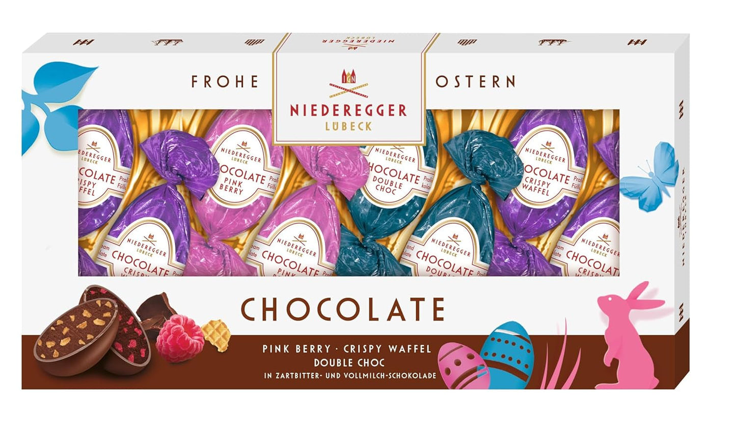 Niederegger | Huevos de chocolate | 1 x 100 g | Huevos de chocolate con sabores de frutos rosados, barquillo crujiente y doble chocolate | Cubierto de chocolate negro y con leche | Regalo de Pascua | huevos de chocolate