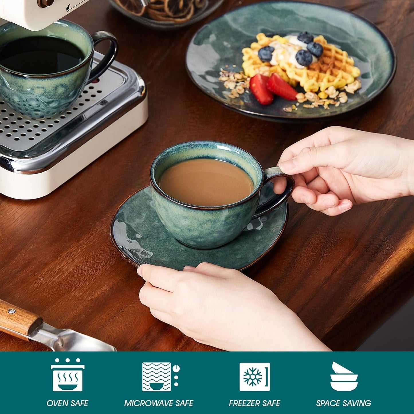 Vancasso Servicio de café de gres STARRY Juego de café de 12 piezas para 4 personas Incluye tazas de café y platillos Aspecto vintage