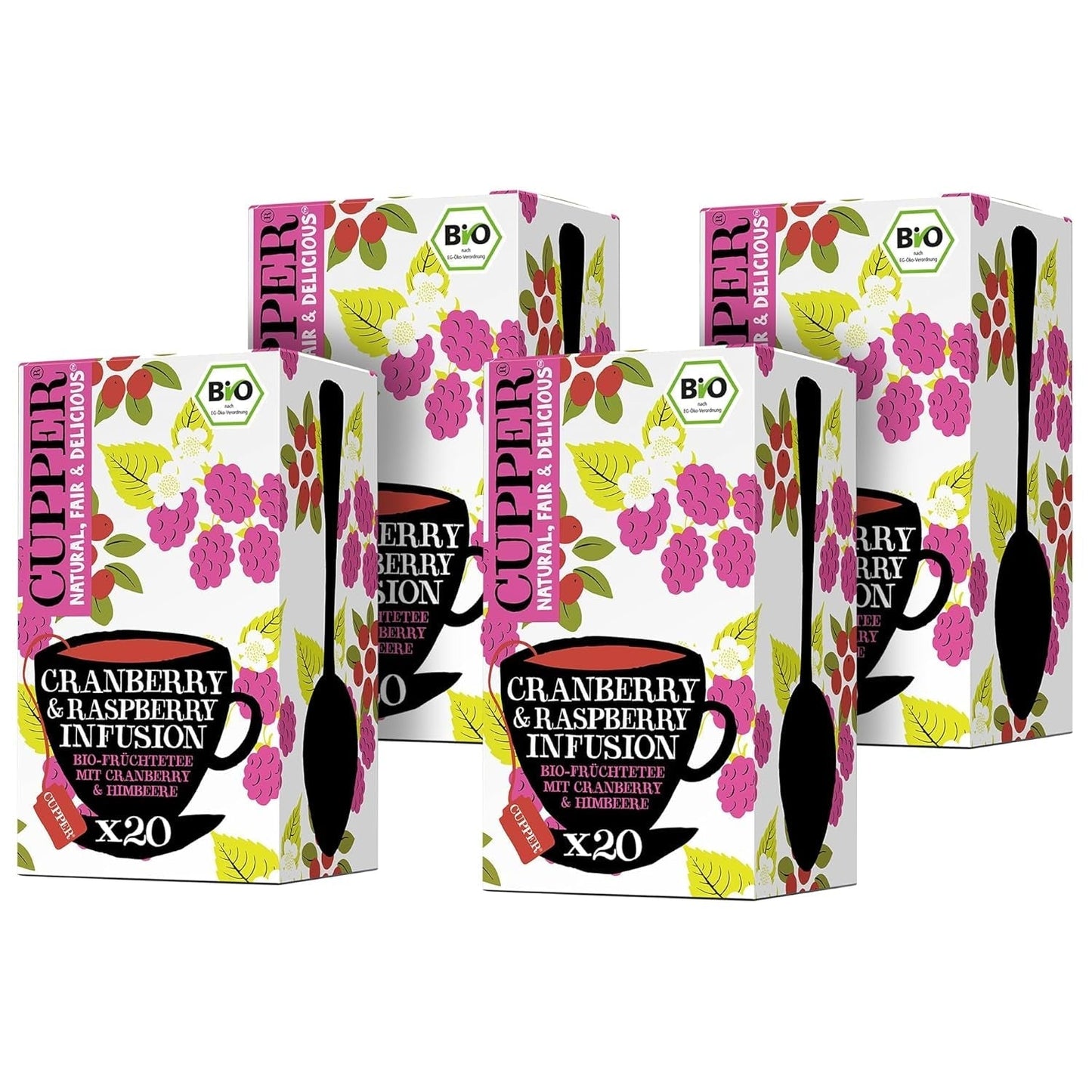 4Er Pack CUPPER Té de Frutas Orgánico "Infusión de Arándano y Frambuesa", 4X20 bolsitas de té no blancas, orgánico, comercio justo